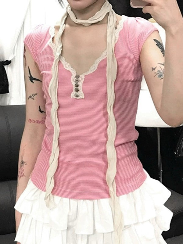 Pink Y2K Striped Lace Trim Button Up Top