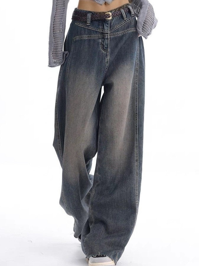 Vintage Verwaschene Baggy Boyfriend Jeans mit Leistendetail