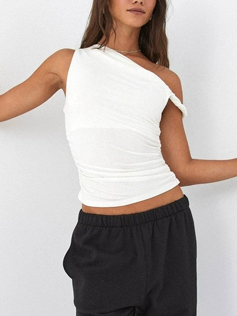 Weißes Einseitiges Gerafftes Asymmetrisches Slim Tank Top