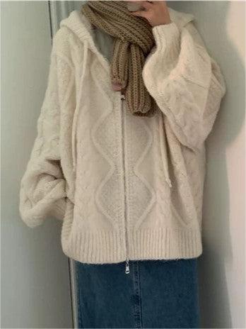 Vintage Oversize Weißer Cardigan mit Kapuze und Reißverschluss