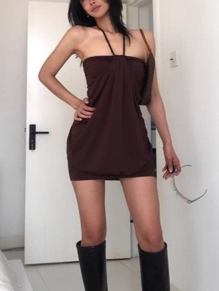 Brown Vintage Halter Off Shoulder Design Mini Dress