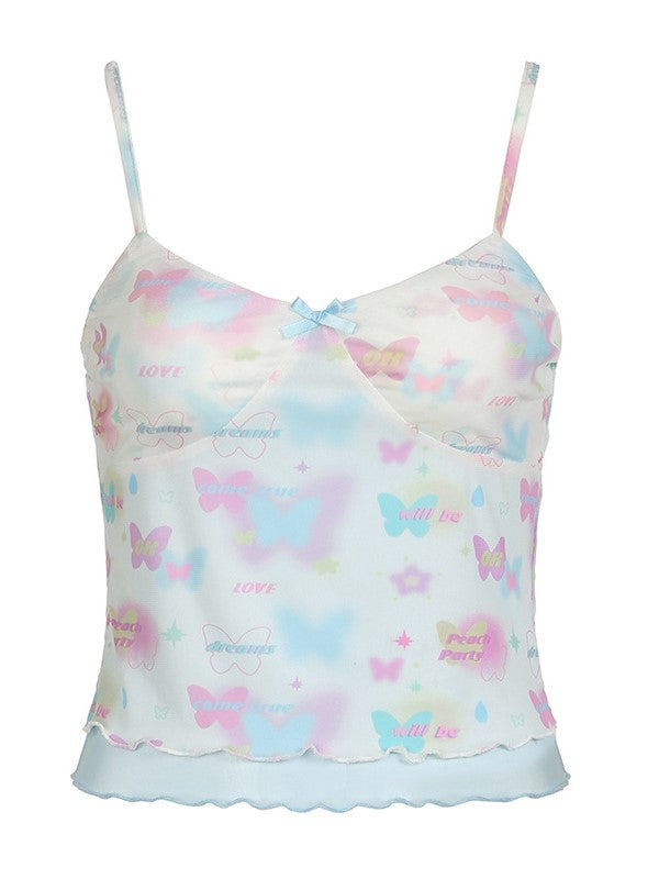 Y2K Butterfly Print Double Layer Mesh Crop Cami Top