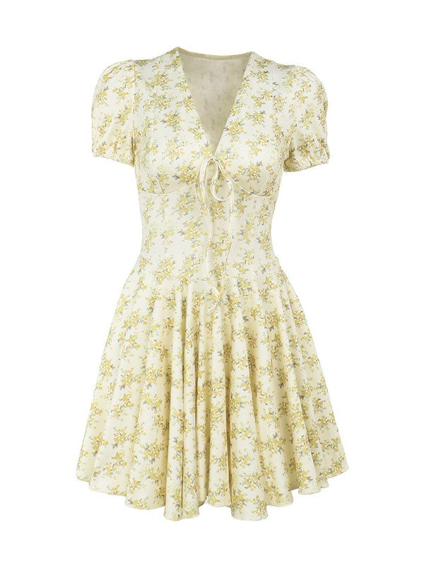 Yellow French Floral Deep V Neck Puff Sleeve Mini Dress