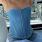 Top corsetto in denim blu con chiusura a gancio vintage