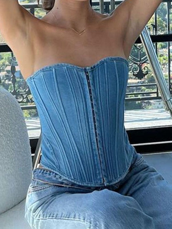 Blue vintage hook closure denim corset top