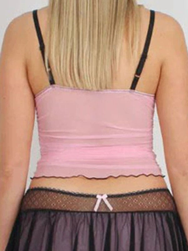 Rosa Vintage Schnürung Schleife Mesh Cami Top