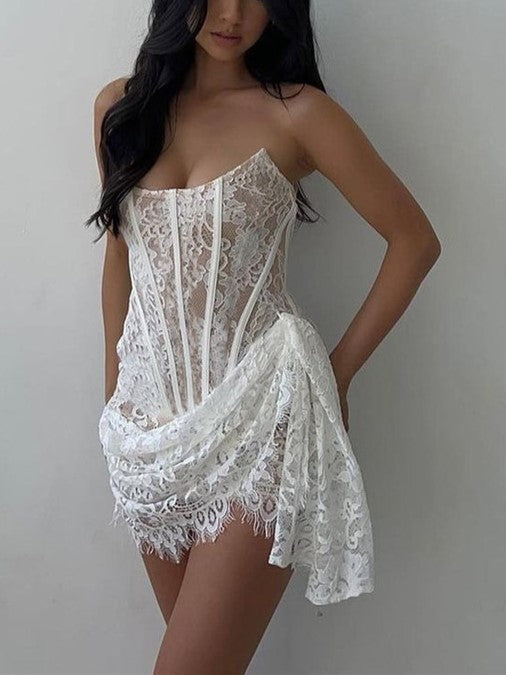 Lace Mesh Off Shoulder Irregular Hem Dress