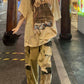 Khaki Hip Hop Oversize Print Kurzarm Top