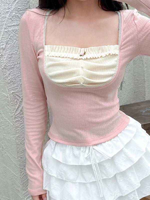 JY Sweet Ruffles Pearl Patchwork False Two Piece Knit Top Sweet Ruffles Pearl Patchwork Two Piece Knit Top