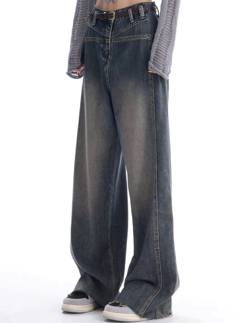 Vintage Verwaschene Baggy Boyfriend Jeans mit Leistendetail