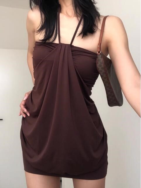 Brown Vintage Halter Off Shoulder Design Mini Dress