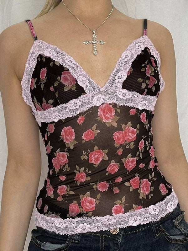 Canottiera patchwork in pizzo con motivo a rose francesi