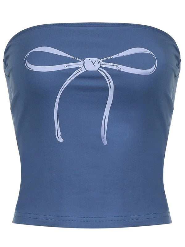 Top a fascia blu con stampa fiocco Y2K