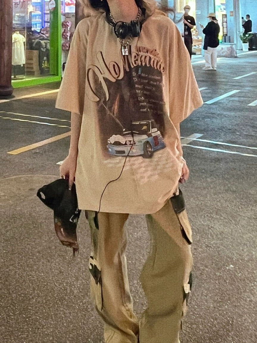 Khaki Hip Hop Oversize Print Kurzarm Top