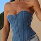 Top corsetto in denim blu con chiusura a gancio vintage