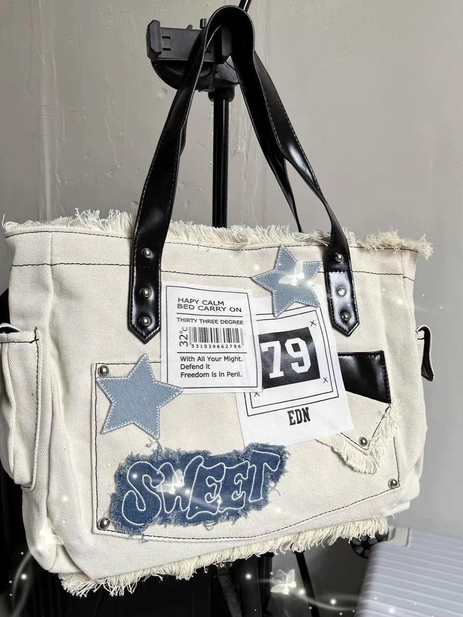 Y2K Large Sticker Canvas Bag with Star Patches