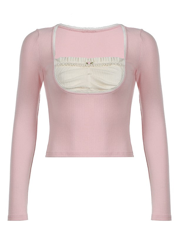 JY Top in maglia con effetto due pezzi falsi patchwork di perle con volant dolci Top in maglia con effetto due pezzi patchwork di perle dolci con volant