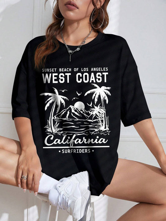 Vintage Coconut Palm Letter Print Short Sleeve T-Shirt