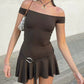 Brown strapless ruffle design mini dress with strap design