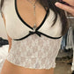 French V Neck Lace Mesh Patchwork Crop Top