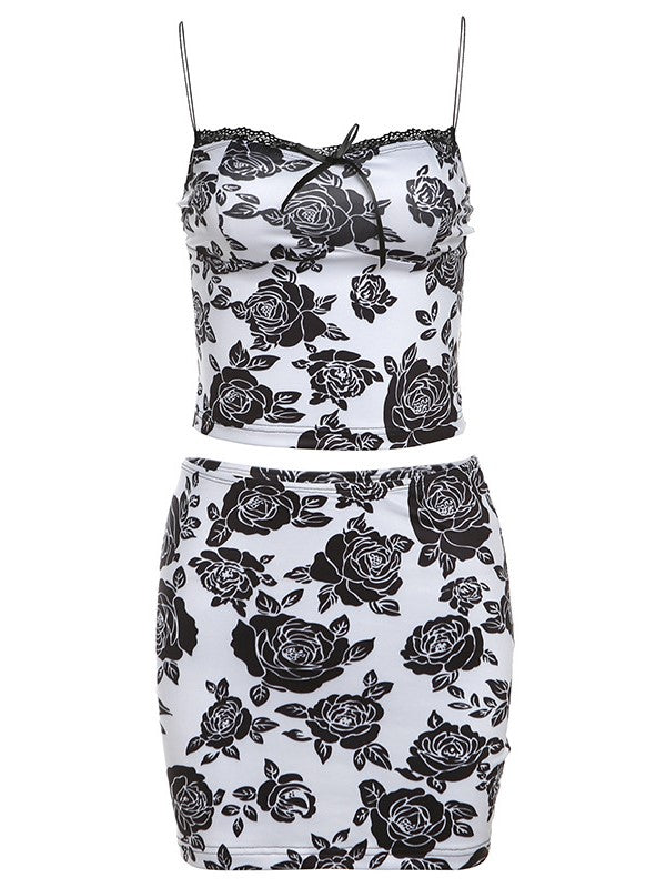 Vintage rose pattern lace trim camisole &amp; mini skirt set