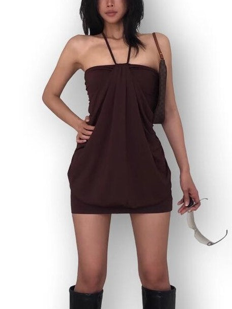 Brown Vintage Halter Off Shoulder Design Mini Dress