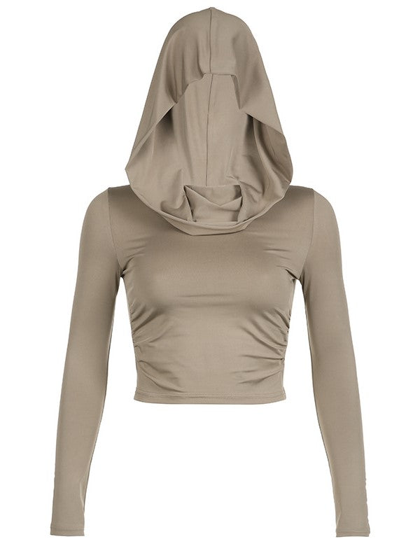 JY Vintage Pleated Hooded Long Sleeve Crop Top / Vintage Pleated Hooded Long Sleeve Crop Top