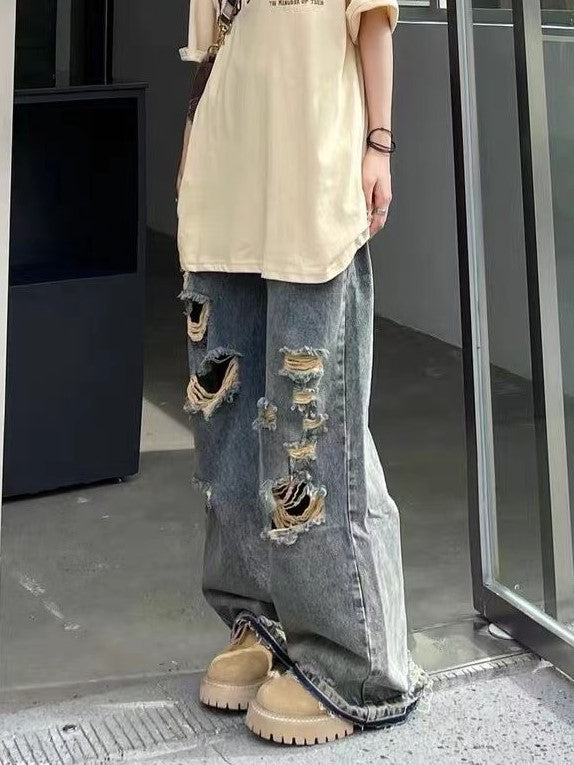 JY Blue Hip Hop Distressed Ripped Boyfriend Jeans / Blue Hip Hop Distressed Ripped Effect Boyfriend Jeans