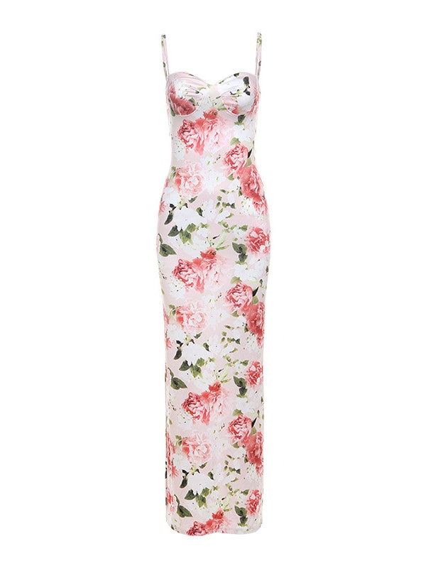 Rosa Französisches Blumen Slim Maxikleid