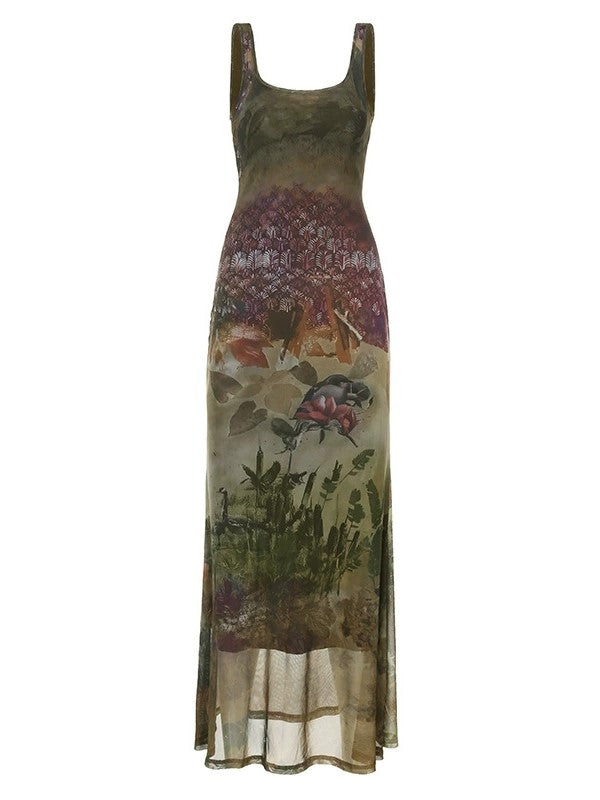 Vintage Botanical Printed Bodycon Midi Dress