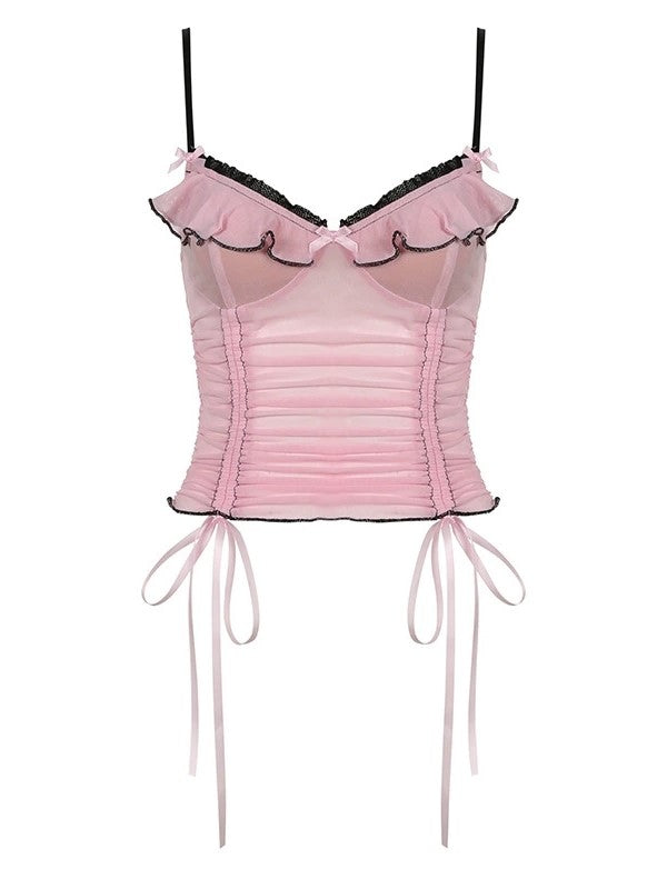 Pink Vintage Lace Up Bow Mesh Cami Top 