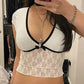 French V Neck Lace Mesh Patchwork Crop Top