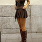 Brown strapless ruffle design mini dress with strap design