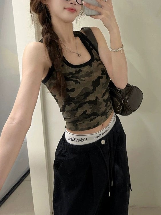 Vintage Camo Scoop Neck Crop Tank Top