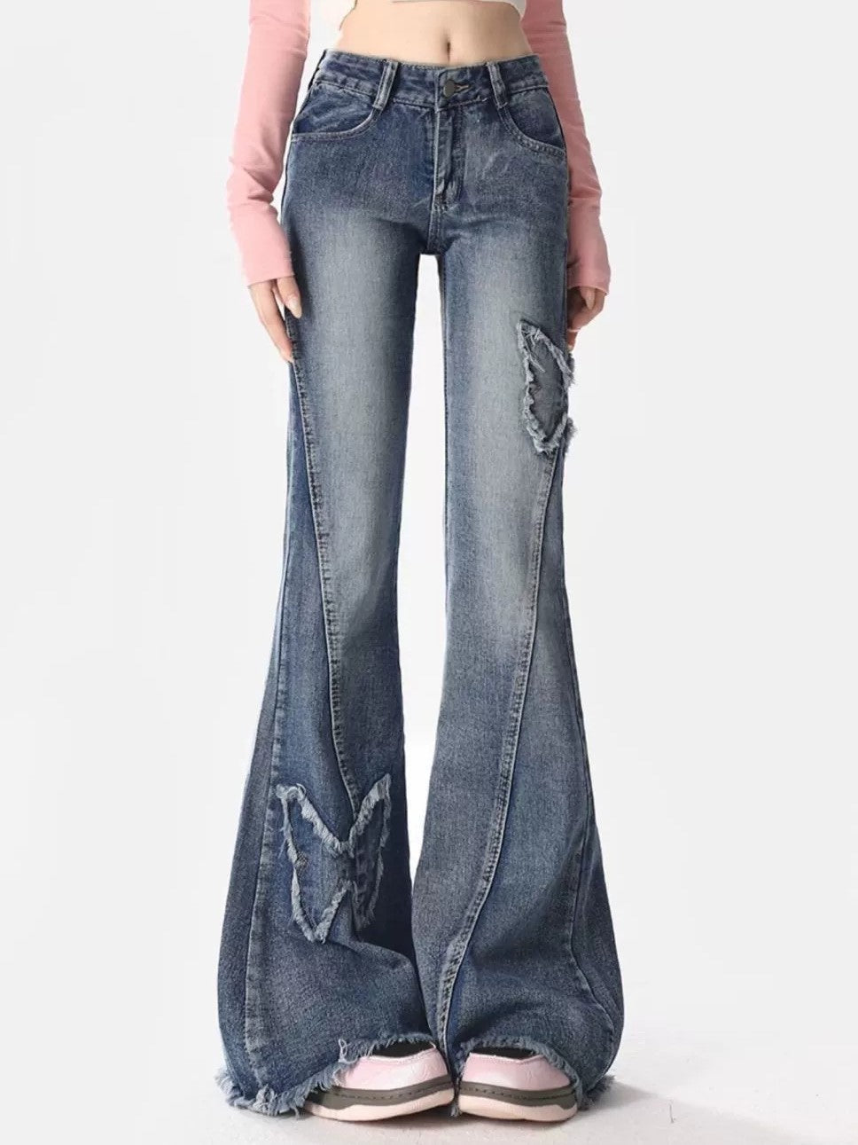 Jeans a zampa a vita alta ricamati con farfalla JY Y2K / Jeans a zampa a vita alta ricamati con farfalla Y2K