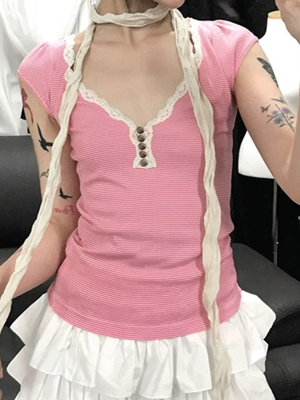 Pink Y2K Striped Lace Trim Button Up Top