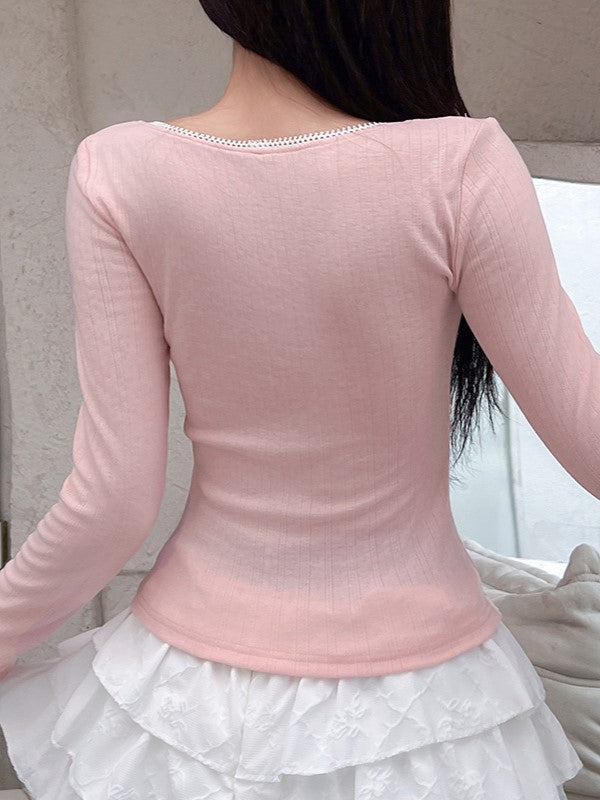 JY Sweet Ruffles Pearl Patchwork False Two Piece Knit Top Sweet Ruffles Pearl Patchwork Two Piece Knit Top