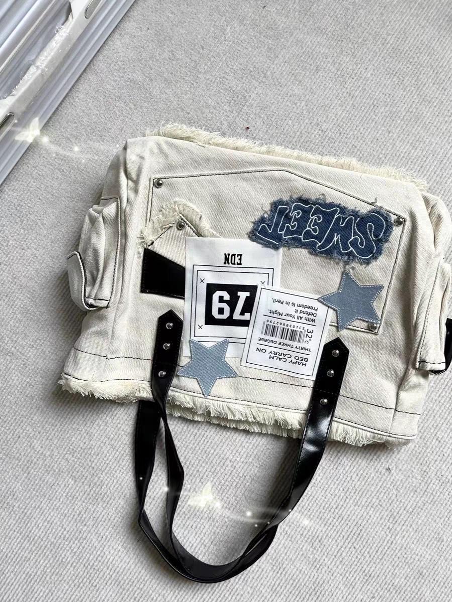 Y2K Large Sticker Canvas Bag with Star Patches