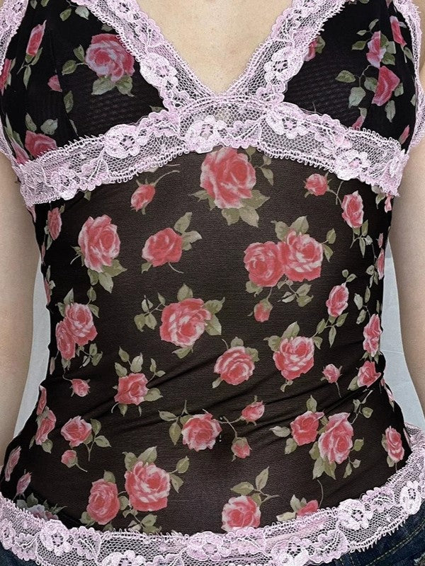 Canottiera patchwork in pizzo con motivo a rose francesi