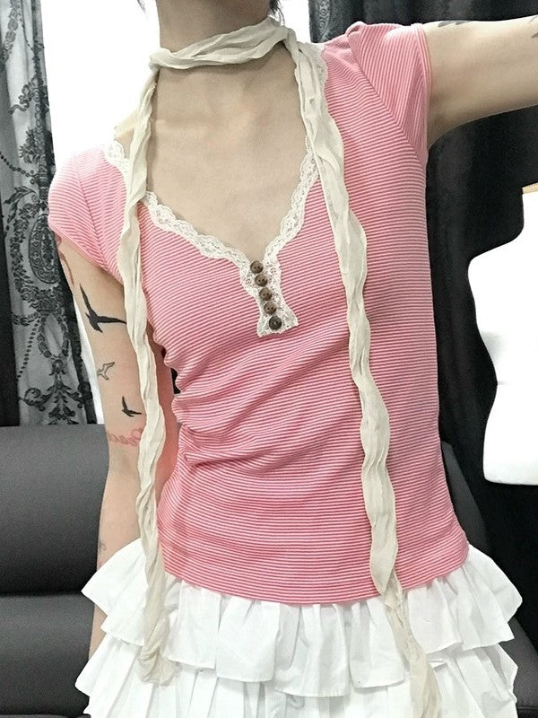 Pink Y2K Striped Lace Trim Button Up Top