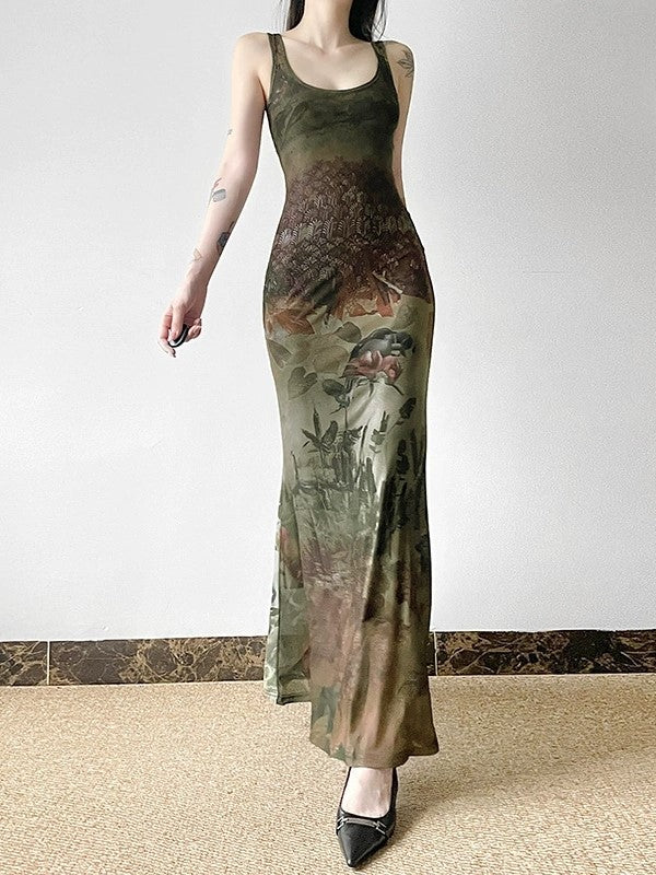 Vintage Botanical Printed Bodycon Midi Dress