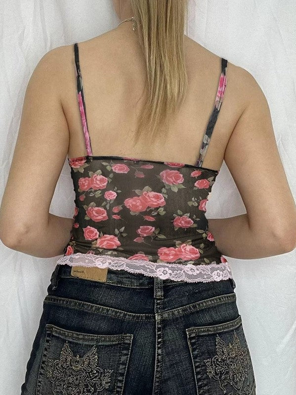 Canottiera patchwork in pizzo con motivo a rose francesi