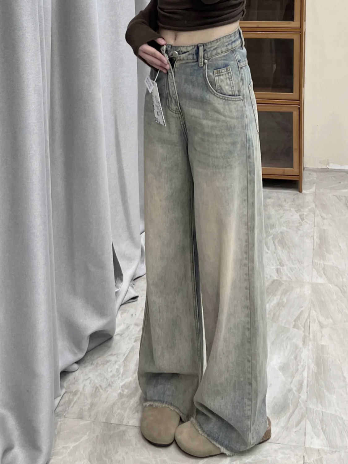 JY Pantaloni Boyfriend con bordo grezzo effetto sbiadito vintage chiaro / Jeans Boyfriend con bordo grezzo effetto vintage chiaro sbiadito