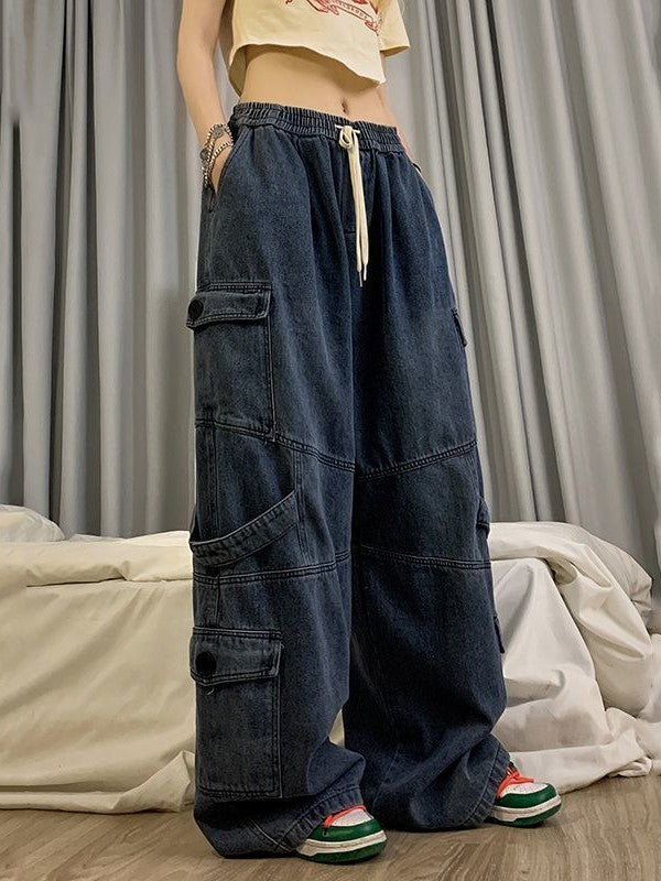 Pantaloni cargo larghi punk blu con effetto lavato