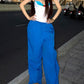 Blaue Retro High Waist Weitem Bein Cargohose