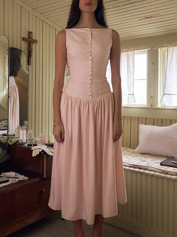 Rosa Vintage Knöpfen Korsett Maxikleid