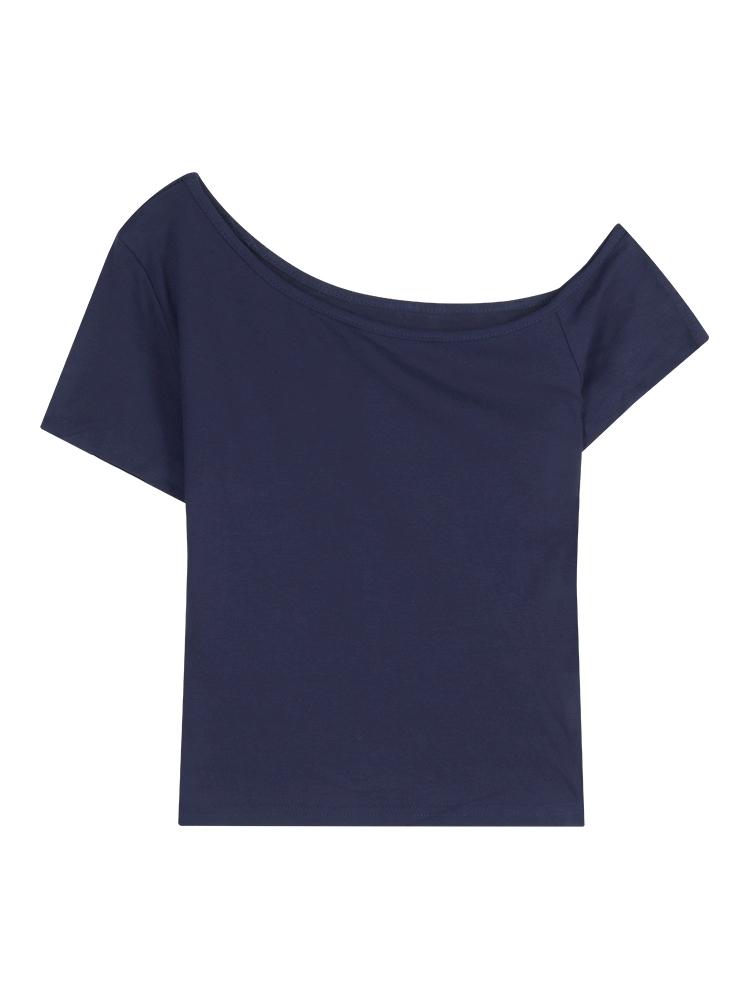 Top corto a maniche corte con collo irregolare e spalla blu navy