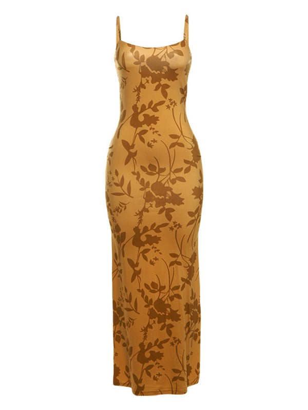 Yellow French Floral Backless Maxi Dress