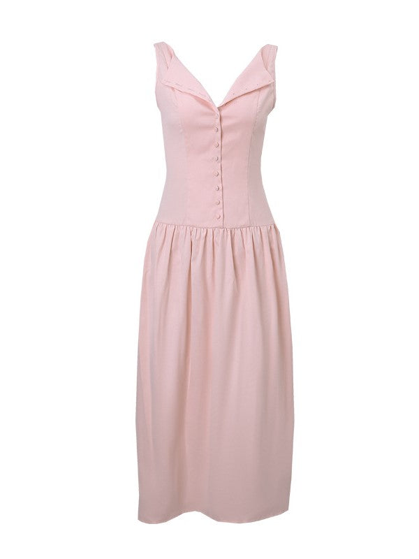 Pink Vintage Buttons Corset Maxi Dress