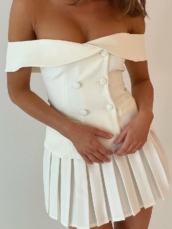 Off Shoulder Double Breasted Top &amp; Pleated Skirt Set